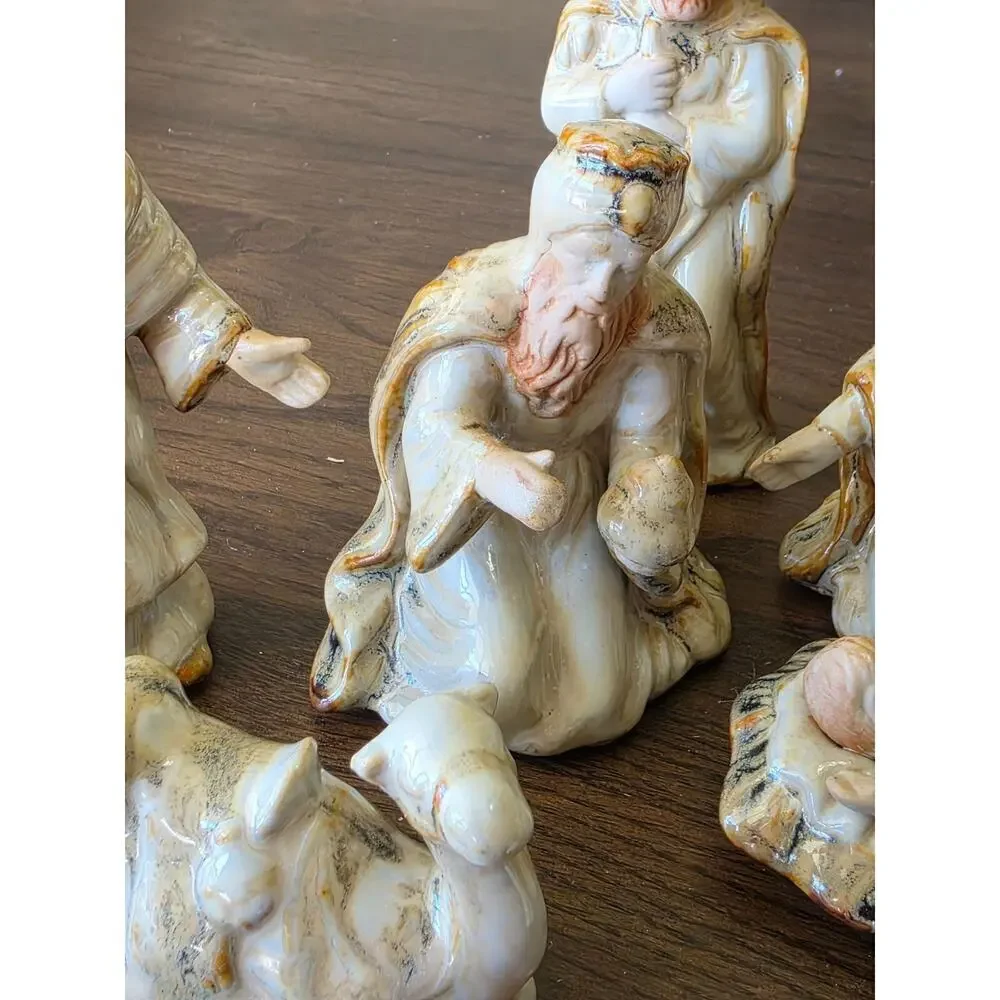 Vintage Nativity Scene Figurines 9-Piece Set Hand-Painted Ceramic Religious Chri